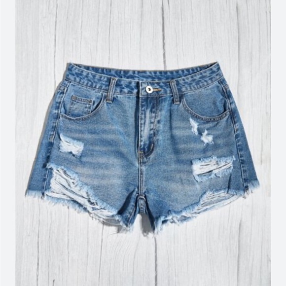 NWOT SHEIN Medium Wash Denim Distressed High Waisted Women's Shorts Size 4 Small - Picture 1 of 6